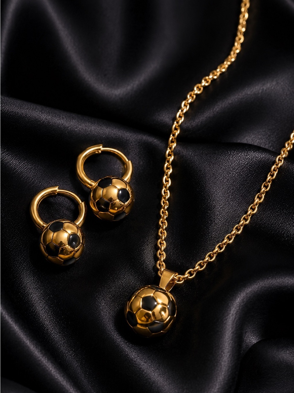 Gold and Black Soccer Ball Pendant Necklace with Matching Hoops - Picture 2 of 11